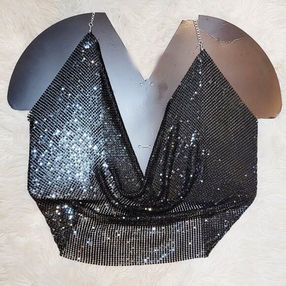 ✨🎉Black Metal Chain Sparkly Draped Jeweled Party Going out Cropped Top🎉✨ - Picture 5 of 8